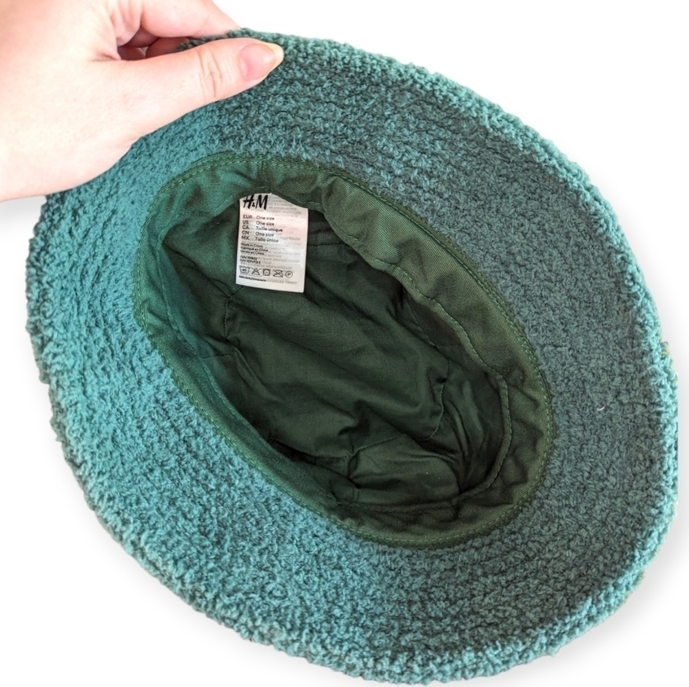 New H&M Bucket Hat Green Shaggy Sherpa Bucket Hat Shabby Chic Hat - Picture 4 of 5